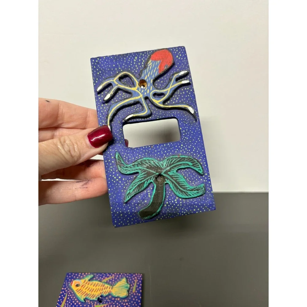 Hand-Painted Wood Folk Art Sea Life Light Switch Plates Lot of 3 Nautical Coast